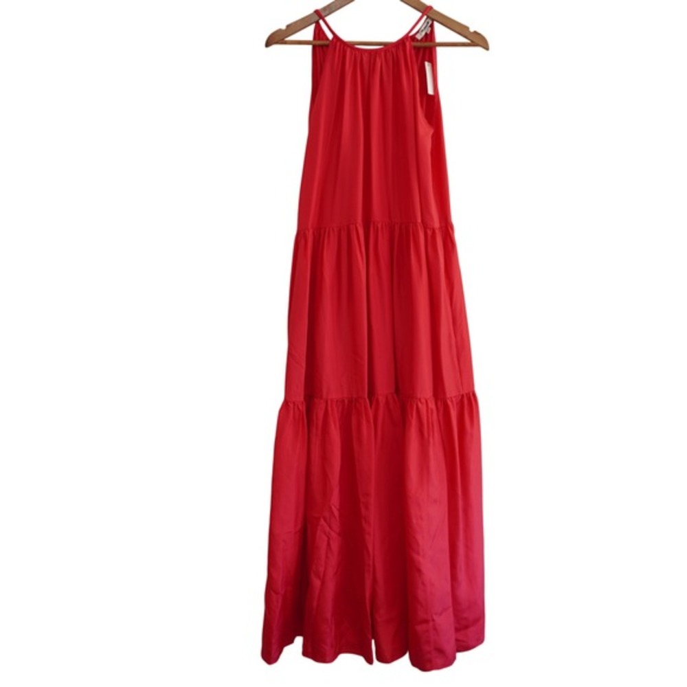 Madewell Silk‎ Pink Red Watermelon Halter Maxi Dress Tiered Sleeveless Pockets